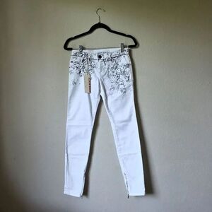 NWT Miss Sixty White And Black Tattoo Print Skinny Jeans With Zippers Size 25